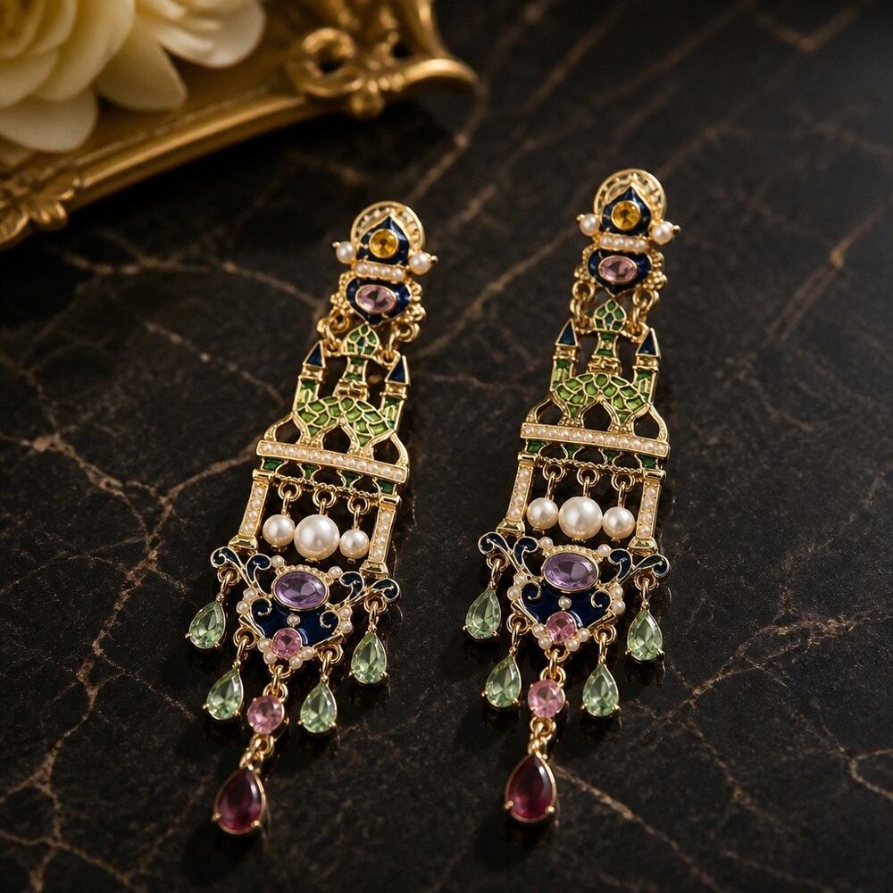 Authentic Percossi Papi Enamel Castle Statement Earrings